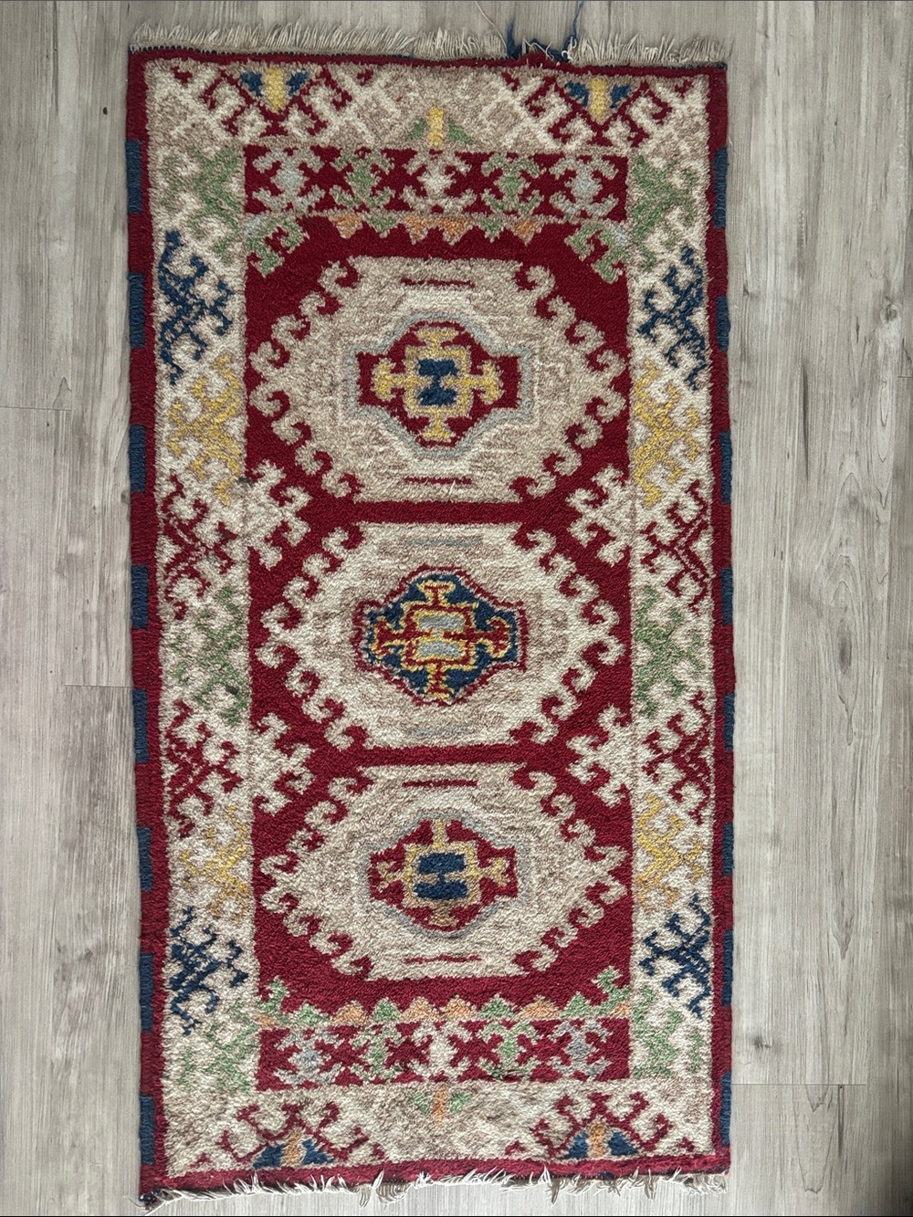 Authentic Handwoven Red and Cream Moroccan-Style Accent Rug - Unbranded